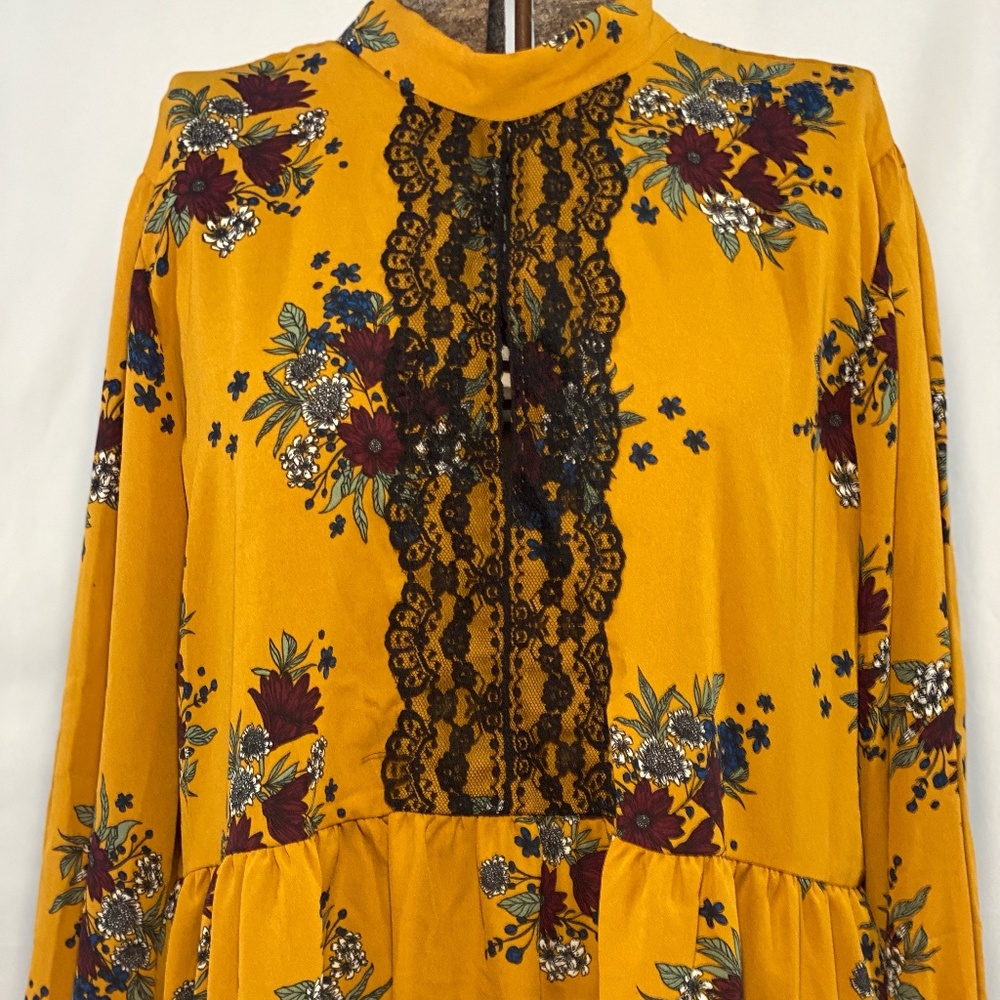 Uncle Frank Mustard/Floral Black Lace Front Cutout Dress